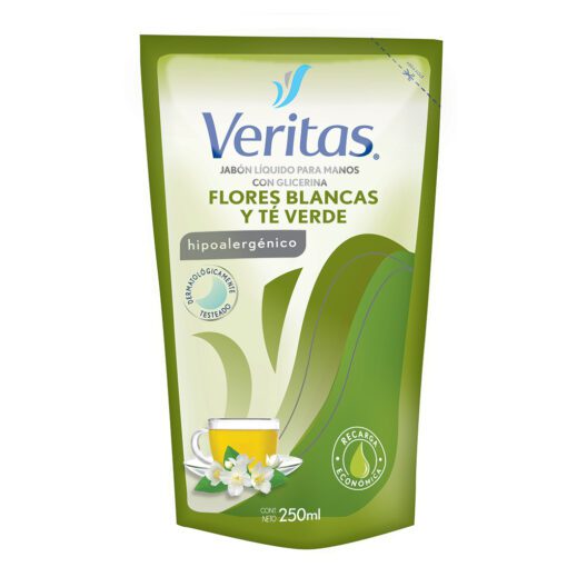 VERITAS JABÓN LÍQUIDO REPUESTO CON GLICERINA FLORES BLANCAS Y TE VERDE X 250 ML