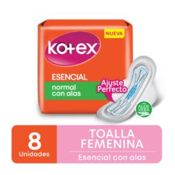 KOTEX TOALLITAS FEMENINAS ESENCIAL NORMAL CON ALAS x8 un