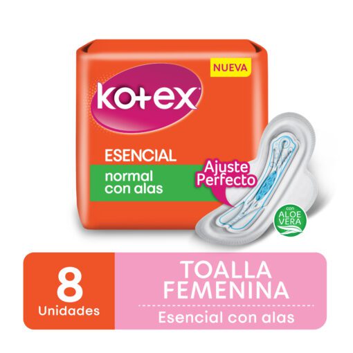 KOTEX TOALLITAS FEMENINAS ESENCIAL NORMAL CON ALAS x8 un