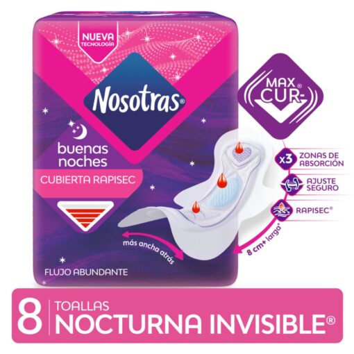 TOALLITAS FEMENINAS NOSOTRAS CON ALAS INVISIBLE NOCTURNA X 8 UNIDADES